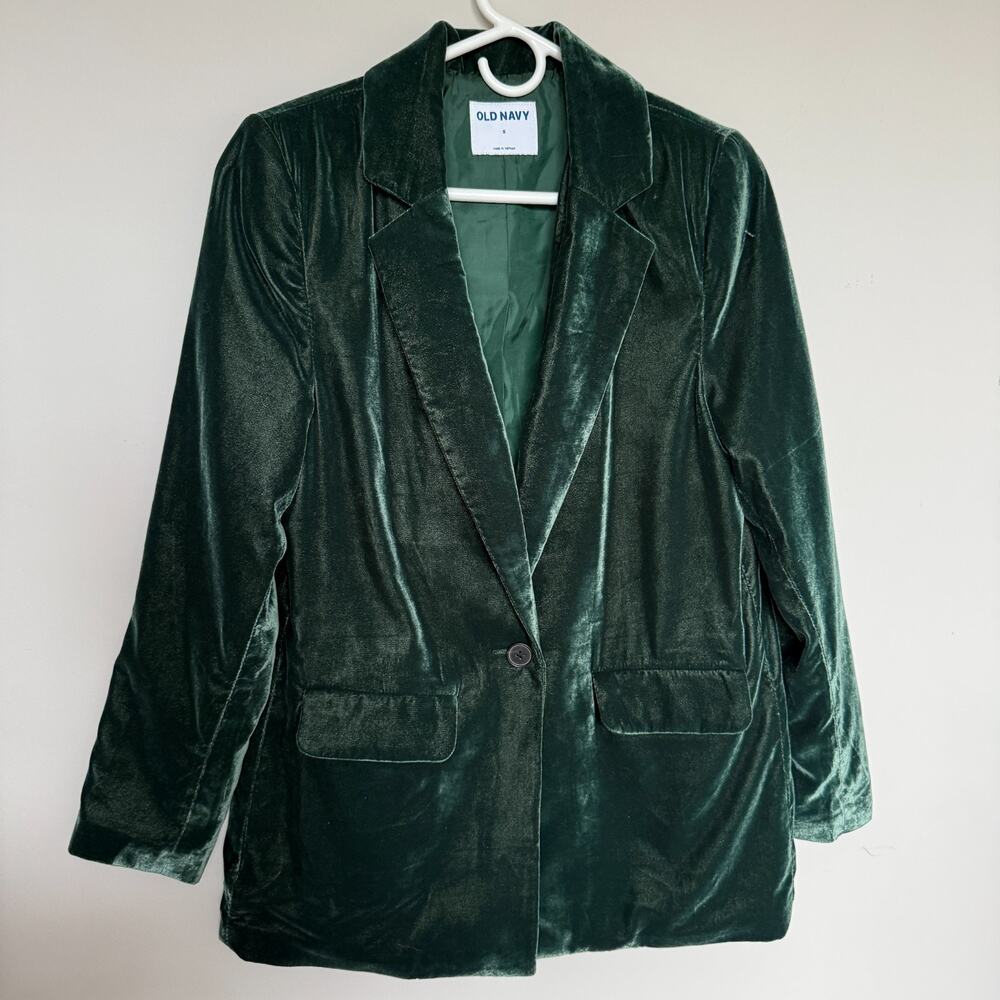 Old Navy Women Crushed Velvet Blazer Small Green Holiday Party Festive Christmas - Picture 2 of 9